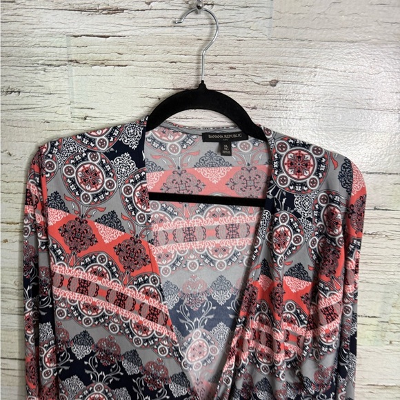 Banana  Republic Wrap Dress paisley pattern blue pink size xl long sleeve - Picture 4 of 8